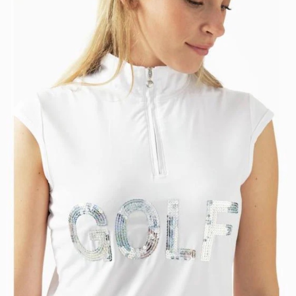 Rare Daily Sports Brand White‎ 1/4 Zip Sleeveless Top with Sequin GOLF Logo Med
